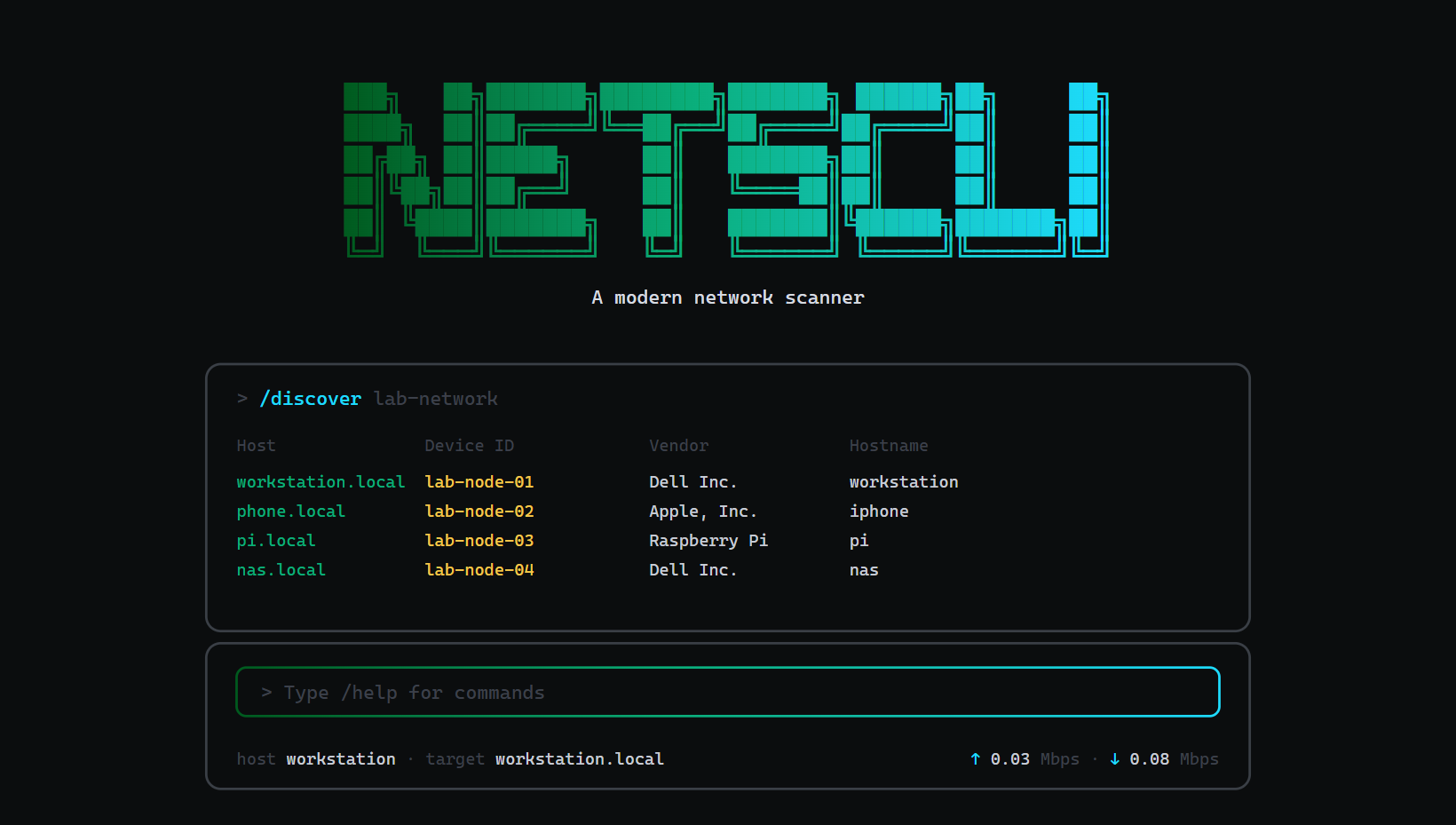 The NetsCLI terminal UI running /discover, listing hosts with their device IDs, vendors and hostnames, with local interface activity along the bottom